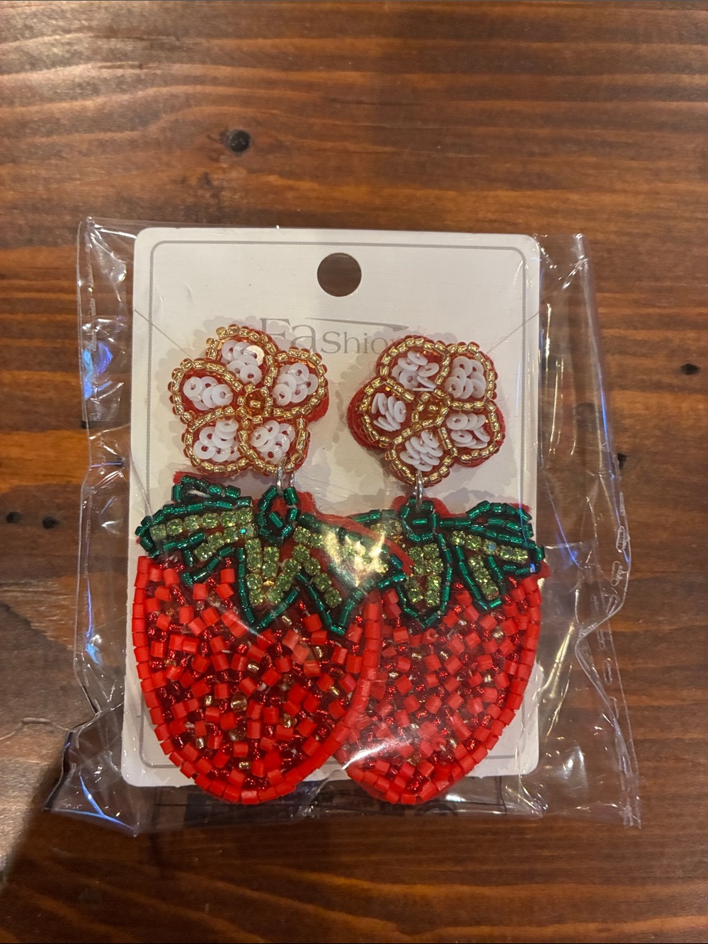 Beaded Red Strawberry Drop Earrings with Green Leaves - Fashion Jewelry